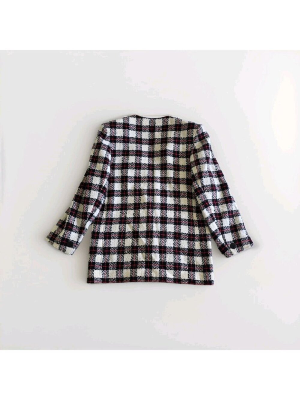 Vtg 80s Planet Plaid Blaizer US 8 Wool Blend Lined DB Colarless England Academia - Picture 16 of 16